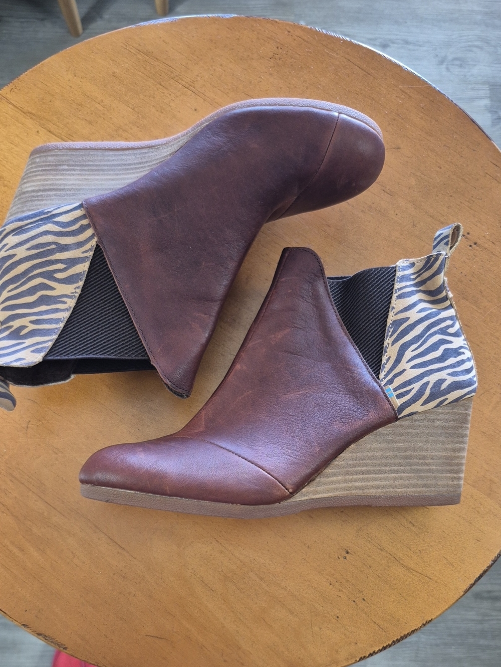 Toms Brown Wedge Ankle Booties with Zebra Heel Panel